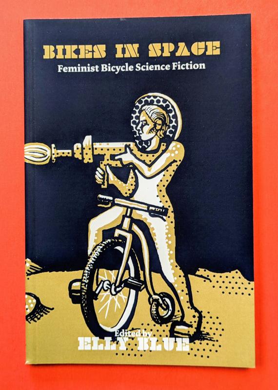 A woman in a space suit, on a bike, with a weapon, on an alien surface