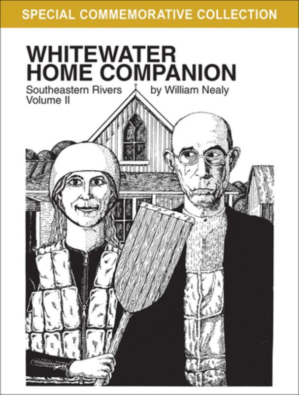 Black and white parody of Grant Wood's American Gothic, with the portrait on the left smiling, holding a paddle and wearing a life vest, parodying the whitewater kayaking nature of the comics