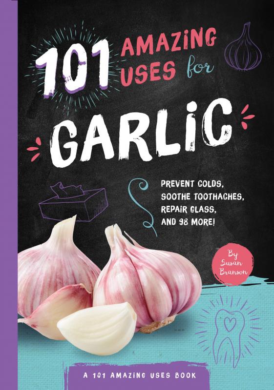 Book cover designed to look like the title is written on a chalkboard, with a table of purple garlic cloves in front.