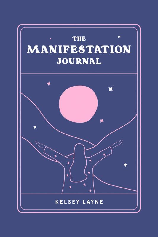 dark blue cover with pink drawings of a moon stars and person with arms outstretched