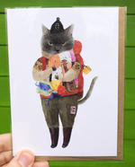 Furcoats and Backpacks greeting card (Figaro- blanket and ukelele)