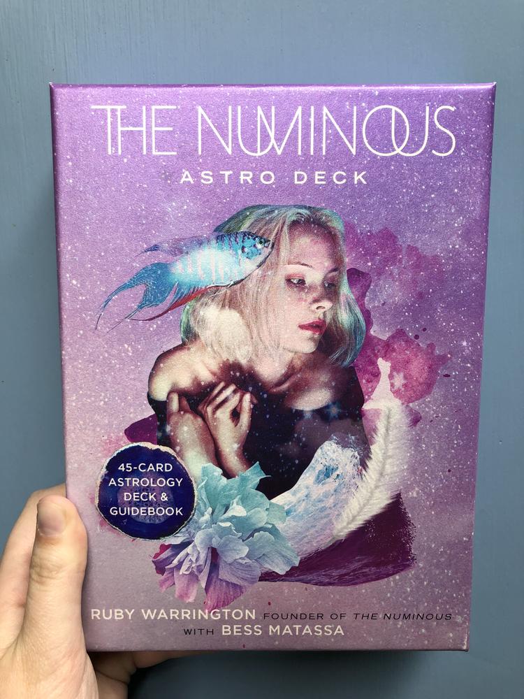 A woman wrapped in purple and light blue cloth, a feather, a flower blossom, a fish floating by her head. White dots speckled over whole cover, like stars. 