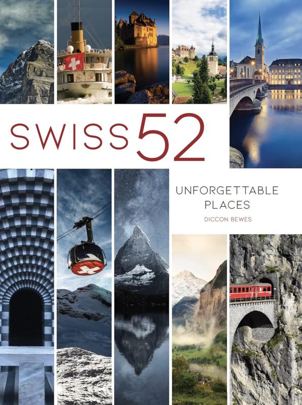 Book cover featuring two rows of narrow photographs of places around Switzerland, with book title in red text over white background through the middle.