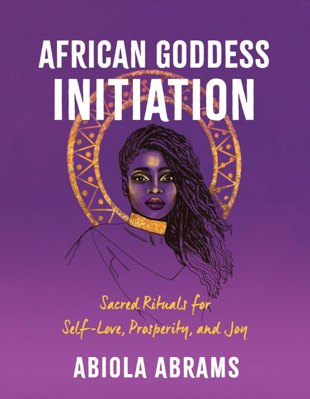 Portrait of an African goddess outlined in gold and black against a purple gradient cover.