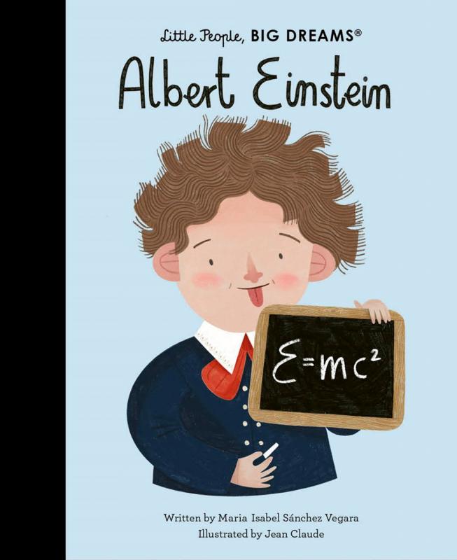 an illustration of a youthful looking Albert Einstein holding up a chalkboard with 'E=mc^2' on it