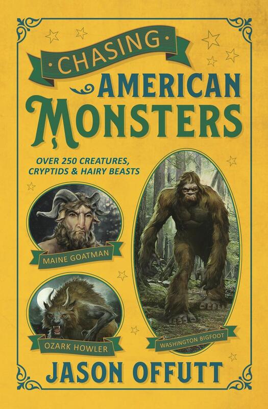 three illustrations of various american cryptids such as bigfoot. 