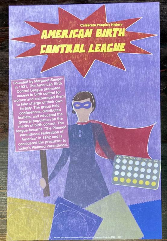 an illustration of a figure wearing a dress, a cape, and a mask, and holding a sign, with aesthetics resembling a superhero comic strip.