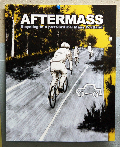 A poster with an illustration of 4 people biking on the road next to a car lane which has taken the place of the bike lane
