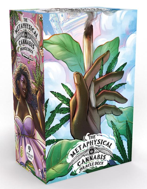 an illustration of a hand holding a joint in front of some pot leaves on one side of the box, and a woman holding a pot leaf on the other