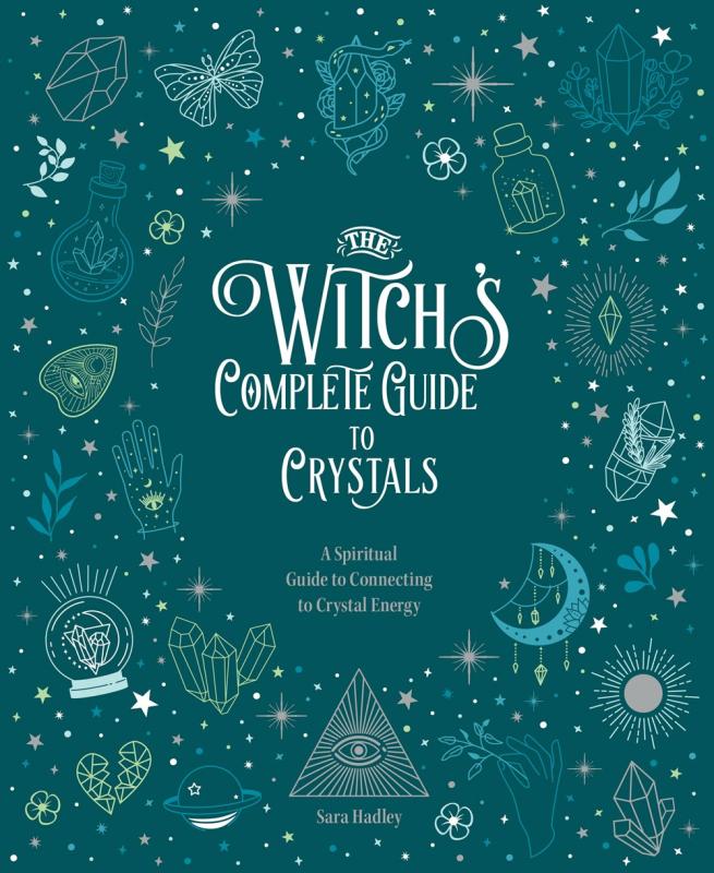 illustrations of various crystals, vials, plants, moths, stars, and an all seeing eye surround the title text against a dark green background