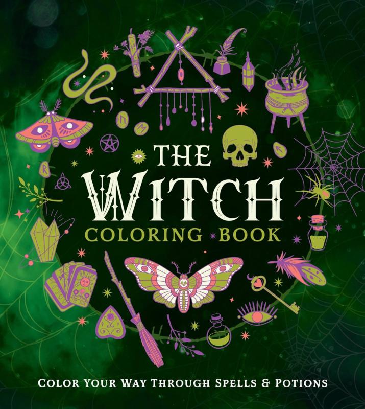 various witchy objects as line drawings, like moths, spider webs, a cauldron, a broom etc. all colored in in bright colors against a green backdrop 