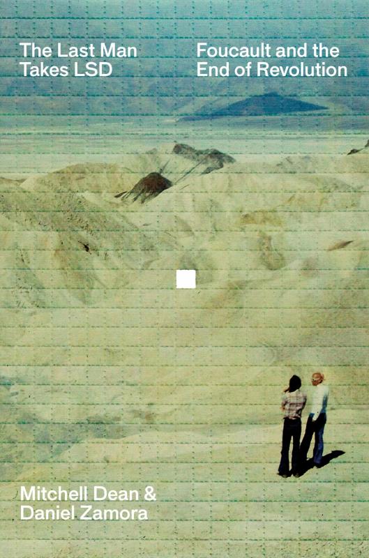 Cover image of two men standing over Death Valley, the cover giving the semblance of paper with perforations for LSD tabs; the center tab is blank/missing.