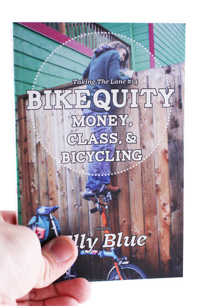 A woman standing on her bike's handlebars and looking over a tall fence - the cover for Bikequity: Money, Class & Bicycling