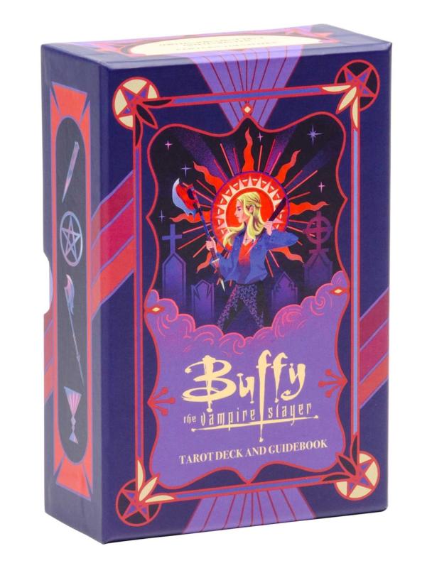 Deck box, the front featuring a side profile of Buffy holding a slayer scythe and wooden stave, surrounded by tombs. The side of the box featuring occult and vampire slayer motifs.