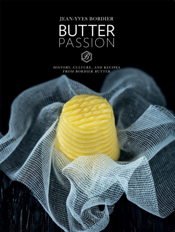 Black book cover featuring a close up photograph of a cone-shaped stick of butter on folded cheesecloth.