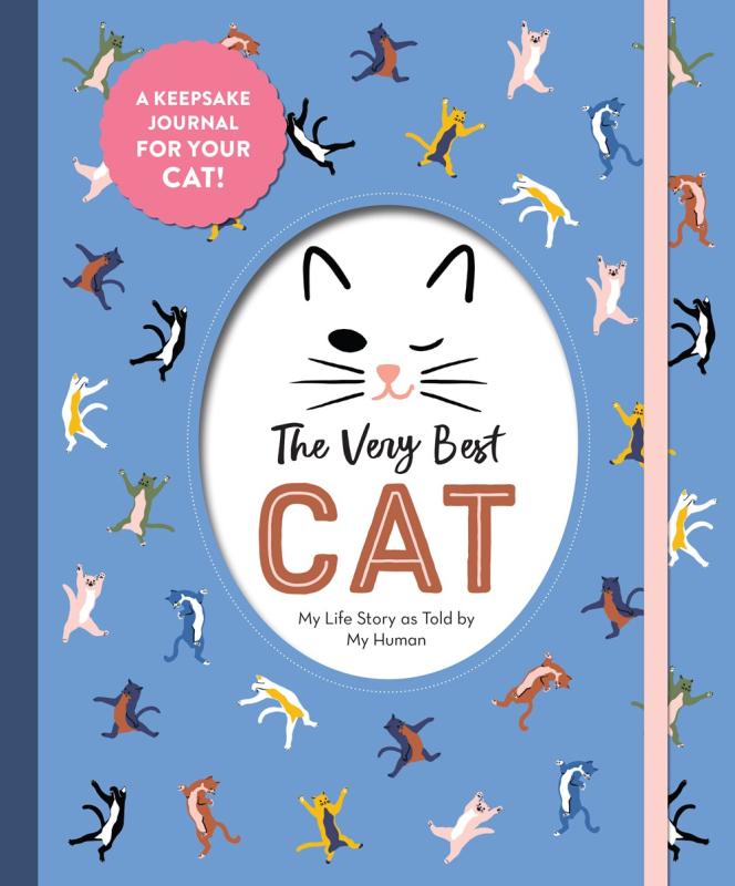 An overlay of dancing cats over blue, the middle cover holds the title text with the motif of a winking cat in the cutout, along with an elastic strap. 