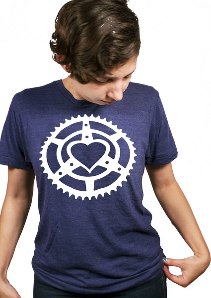 photo of cyclist wearing a chainring heart microcosm logo t-shirt