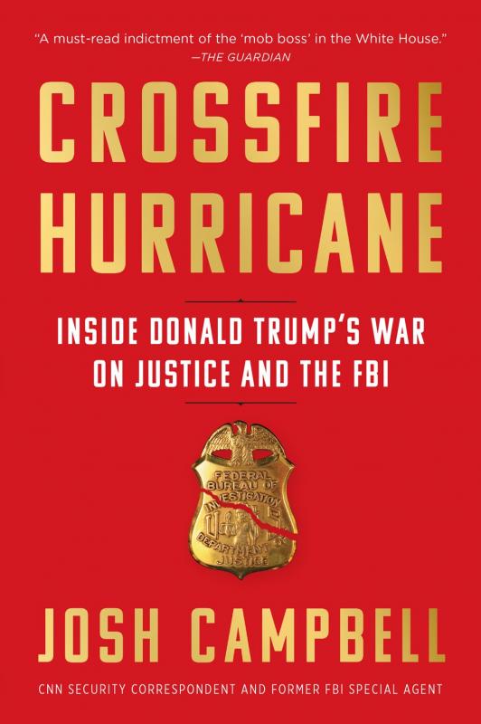 Red book cover with gold title text and a photograph of a broken FBI badge at the center.