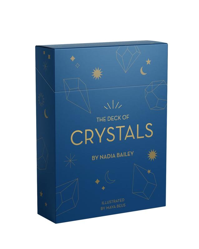 illustrations of various crystals and stars on the deck cover in simple lines of gold against a blue background