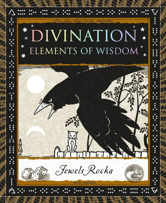 Holographic title text under which is an image of a raven in the forefront behind which is a tree, a cat perched on a fence. There is a black border with geomantic symbols around it.