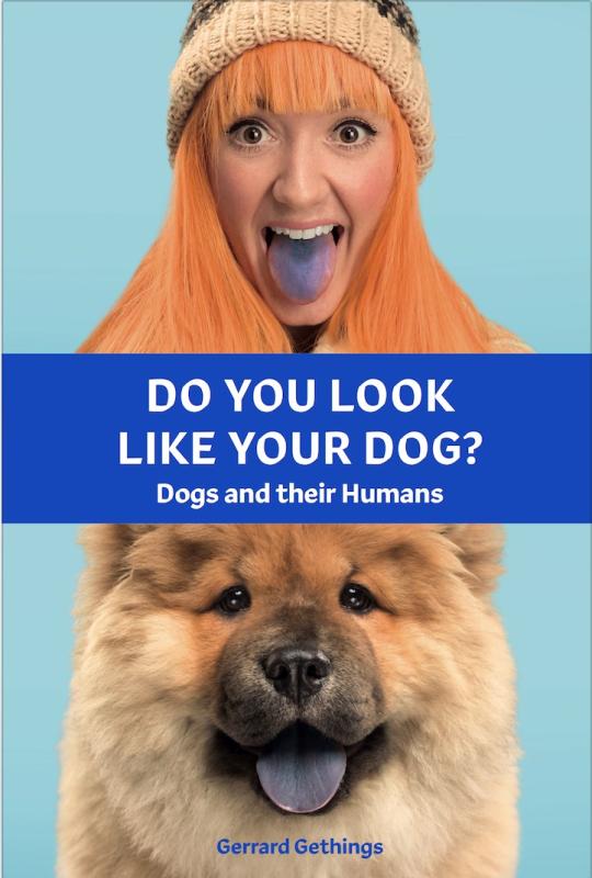 Teal background with a blue banner featuring the title text, interposed with a dog and its supposed human, both sporting blue tongues.