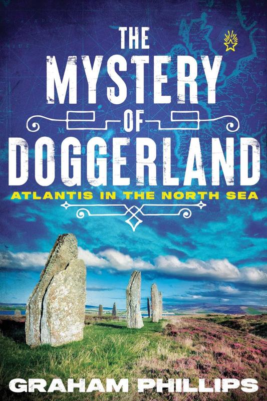 Book cover featuring the title in large white text laid over a background of dark blue sky and the outline of a map of the sea north of Britain, with a landscape containing stone monoliths along the bottom.