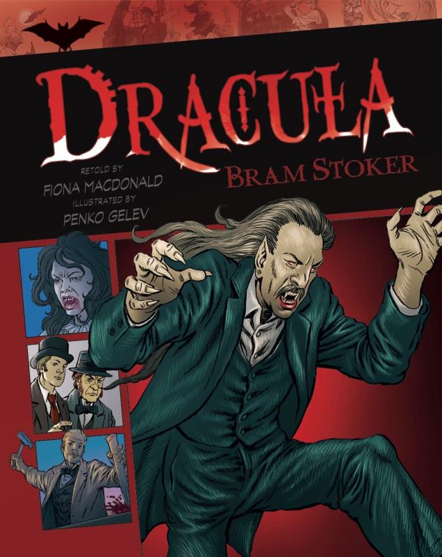 an illustration of dracula and various other characters in panels along the left side of the cover