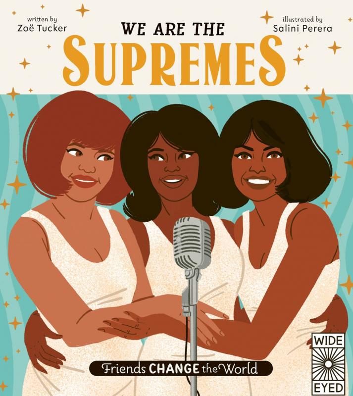 an illustration of the supremes standing around a mic
