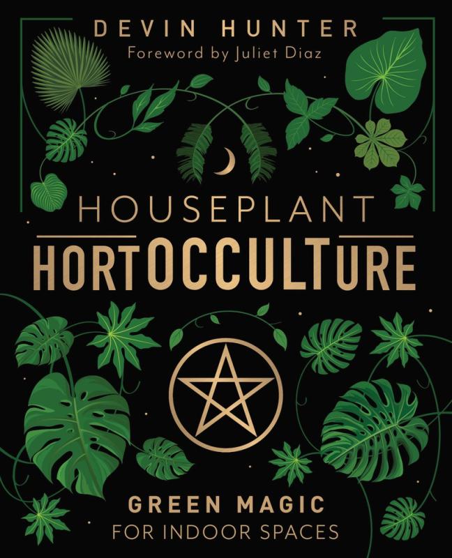 Black book cover featuring gold text and pentagram surrounded by illustrations of green leaves.