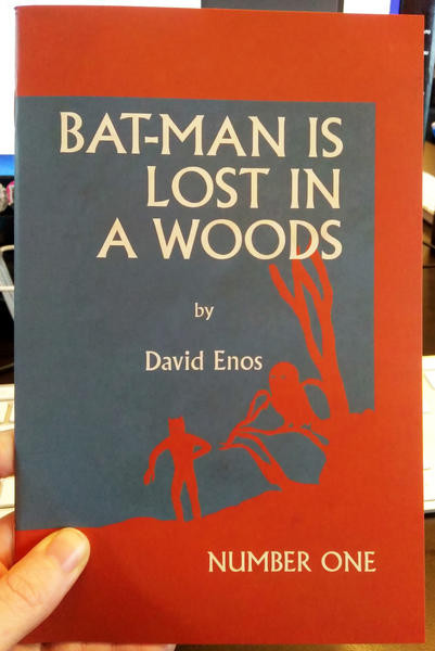 Cover of Bat-Man is Lost in a Woods - a red silhouette of a tree with an owl perched on it and a person with a dark grey backdrop