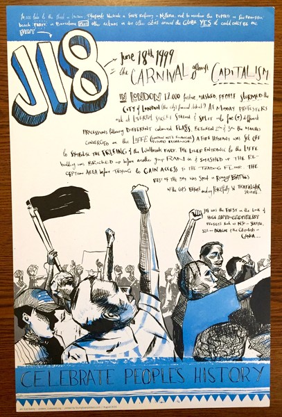 J18 poster about the protest at the london financial district