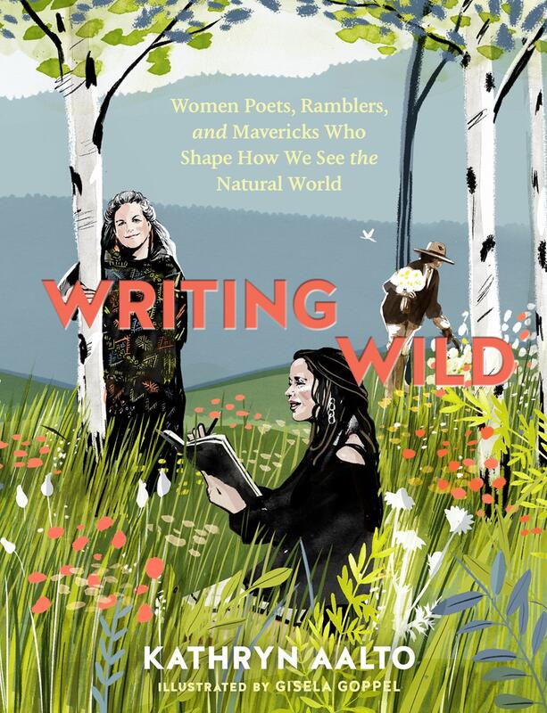 illustration of 3 women writers in a meadow filled with wildflowers and birch trees.  
