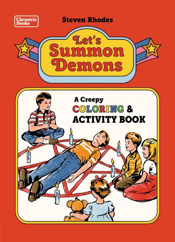 illustrated kids sitting around a pentagram with one kid lying down in the middle of the pentagram