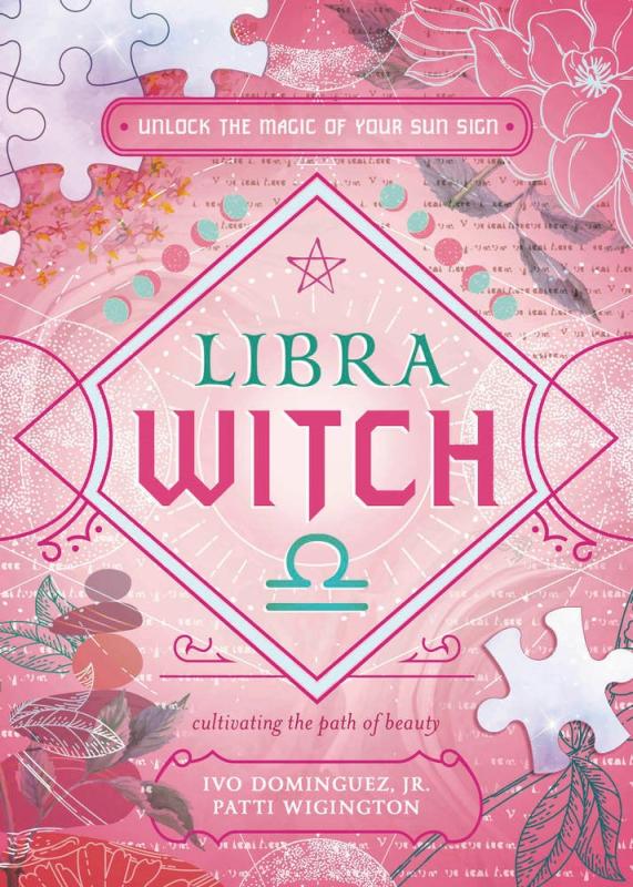 Pink cover with puzzle, botanical, and astrological motifs, under the title in the center is the symbol for Libra 