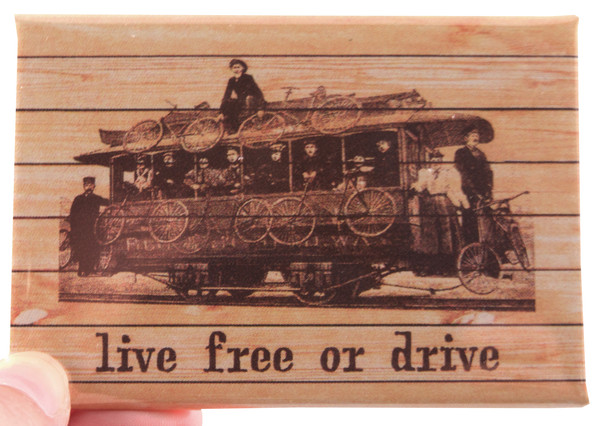 Live Free or Drive (train) Magnet brown ink on wood graphic background