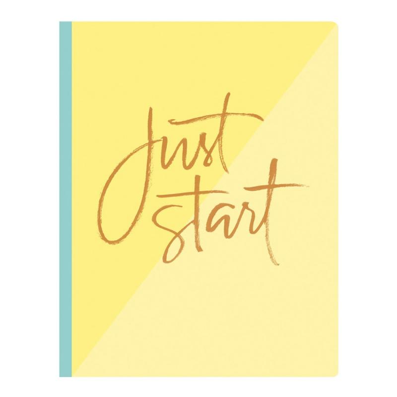 the words 'just start' against a yellow background