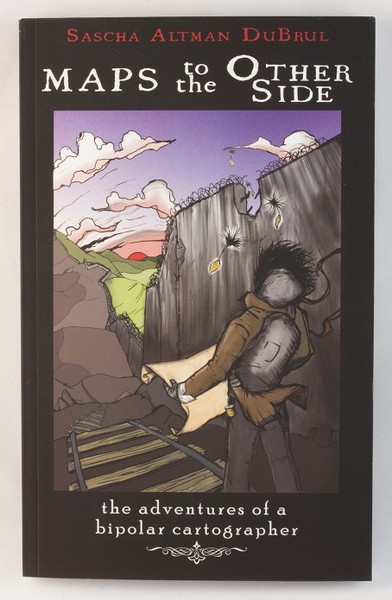 A black book with an illustration of a young man with a map, crossing a railroad bridge near a dam