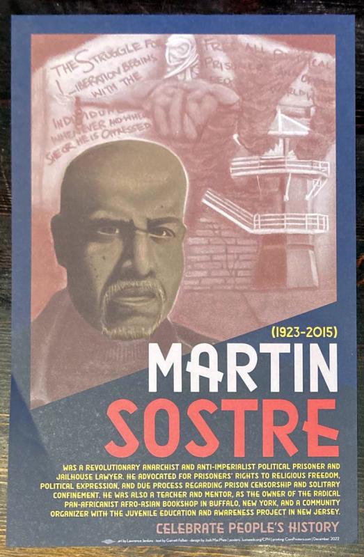 an illustration of Martin Sostre with a prison in the background overlaid with the text of a manifesto