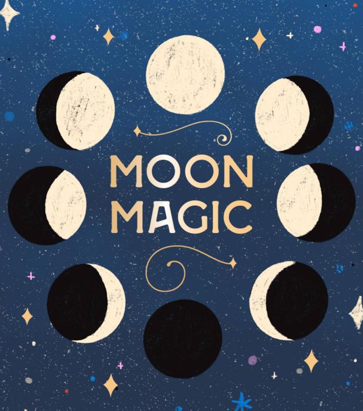 The moon in various phases form a circle around the title.