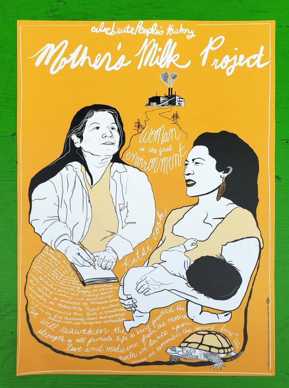 two illustrated women, one holding an infant and one writing in a journal