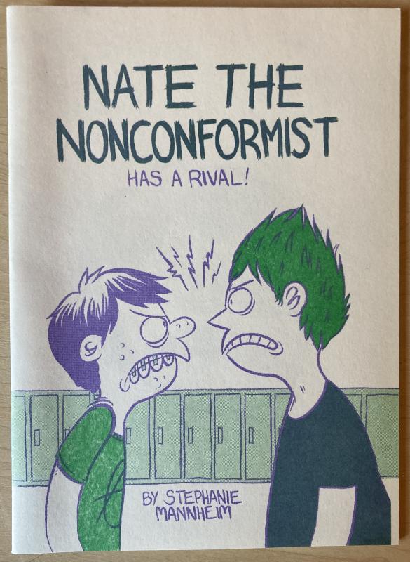 one cartoon figure wearing a green shirt with an anarchy symbol and braces faces off angrily against another cartoon figure with green hair and a blue shirt