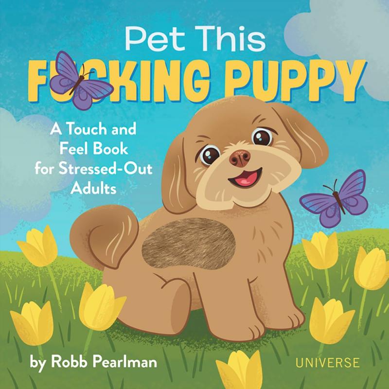 an illustrated puppy in a field, with a swatch of fur that you can pet sticking out through the cover