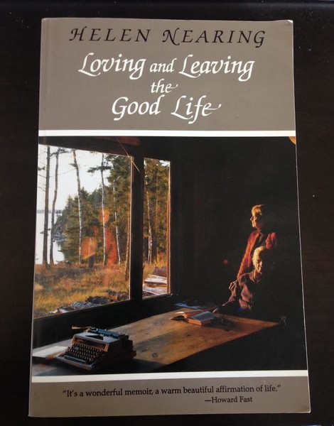 Book cover featuring photograph of the Nearings at home, with title in gray border.