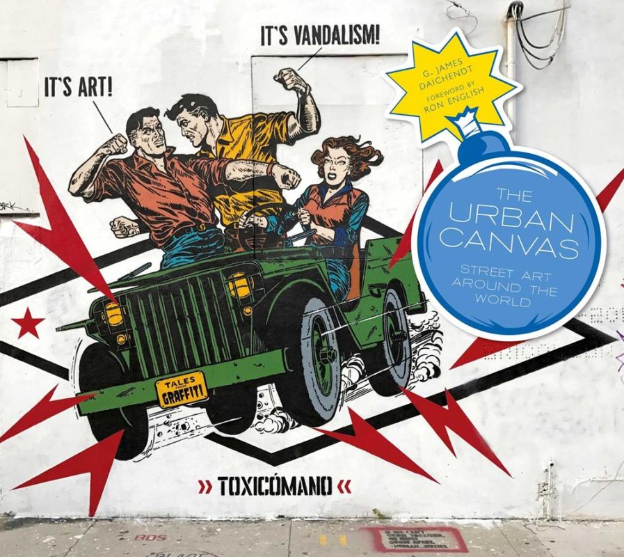 Street art of men punching each other in a jeep while a woman drives and questions her life choices.