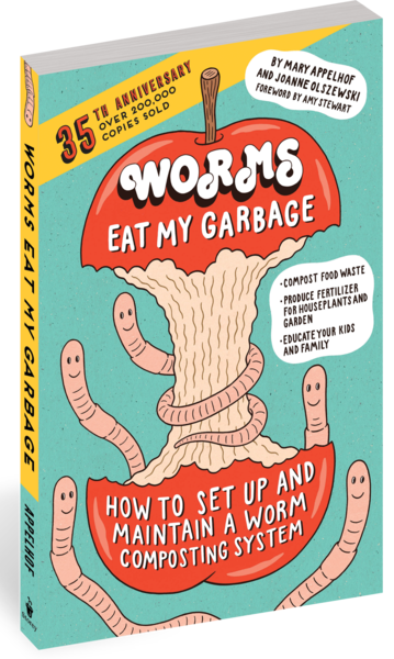 Worms Eat My Garbage by Mary Appelhof [Some cute redworms embrace an apple core]
