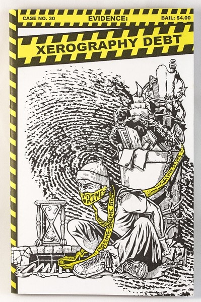 A black, white, and yellow zine with an illustration of a man tied to a dumpster with crime "do not cross" tape