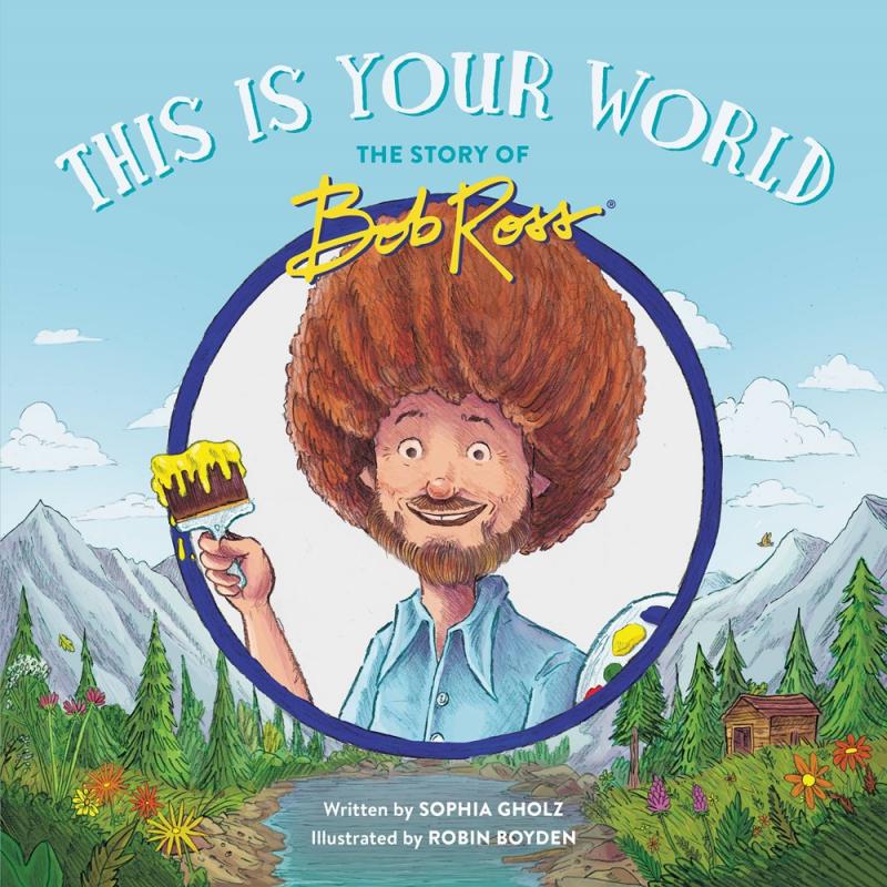 an illustrated likeness of bob ross holding a paintbrush against a backdrop of mountains and forests.