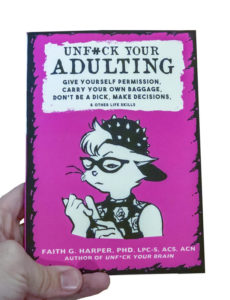 A book cover with a punk cat trimming its nails and adulting
