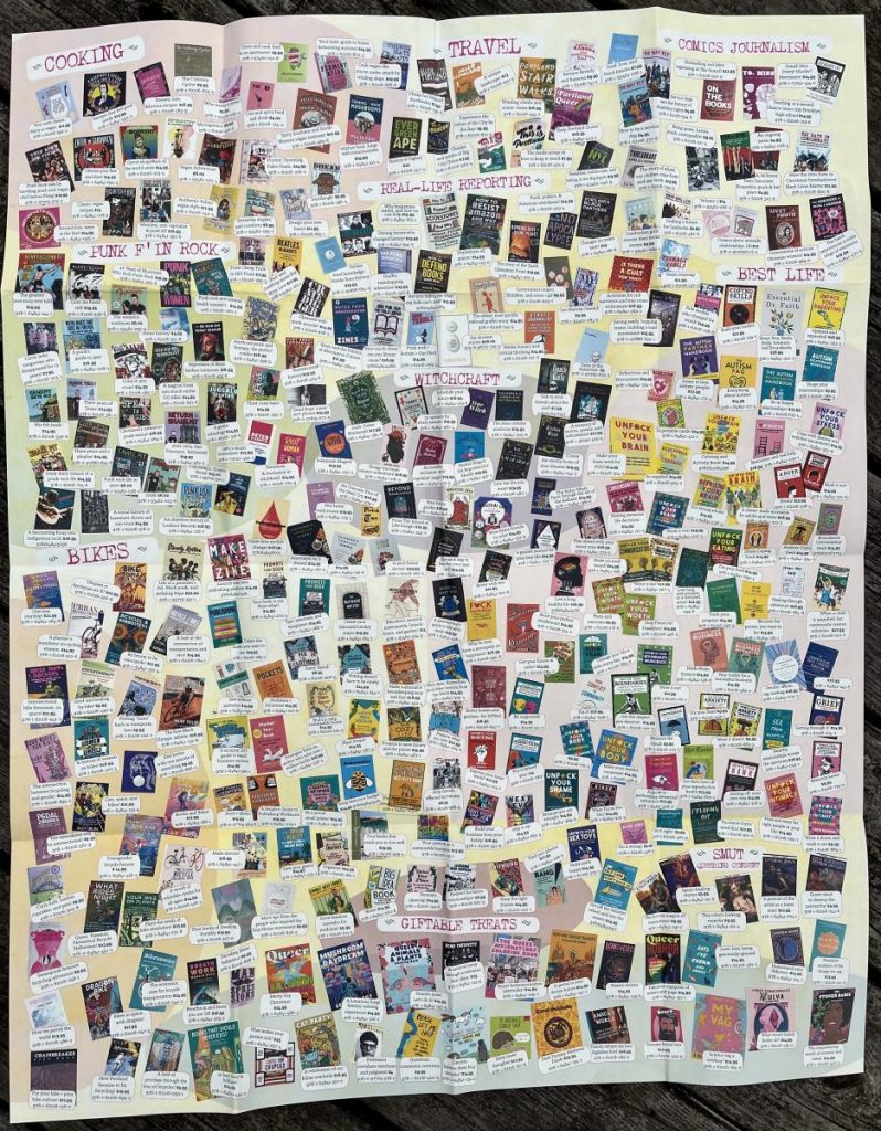 a huge, fold-out catalog of books on a poster.