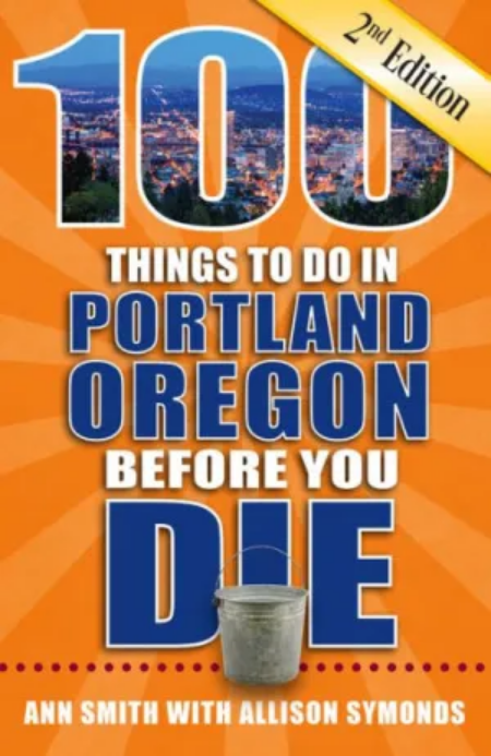 Orange cover with large white and blue text. The "100" has an image of the Portland city in it.